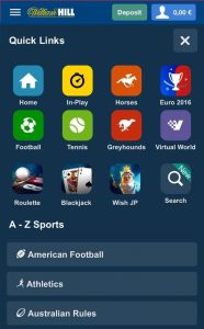 which sports does the mobile app of william hill support